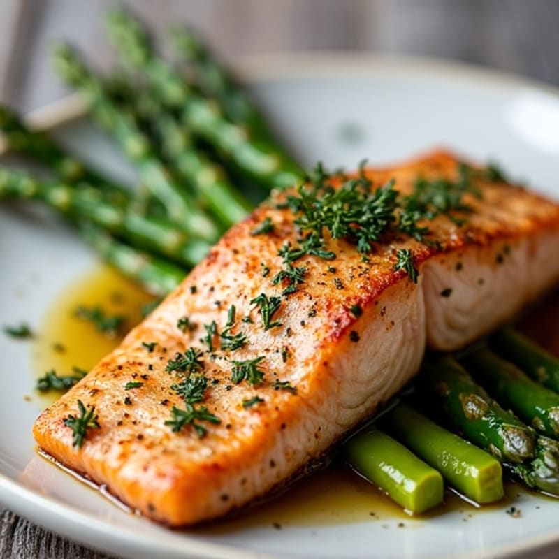 Herb-Crusted Pan Seared Salmon with Garlic Asparagus