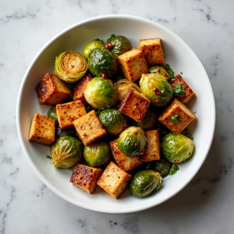 Honey-Balsamic Glazed Crispy Brussels Sprouts with Tofu