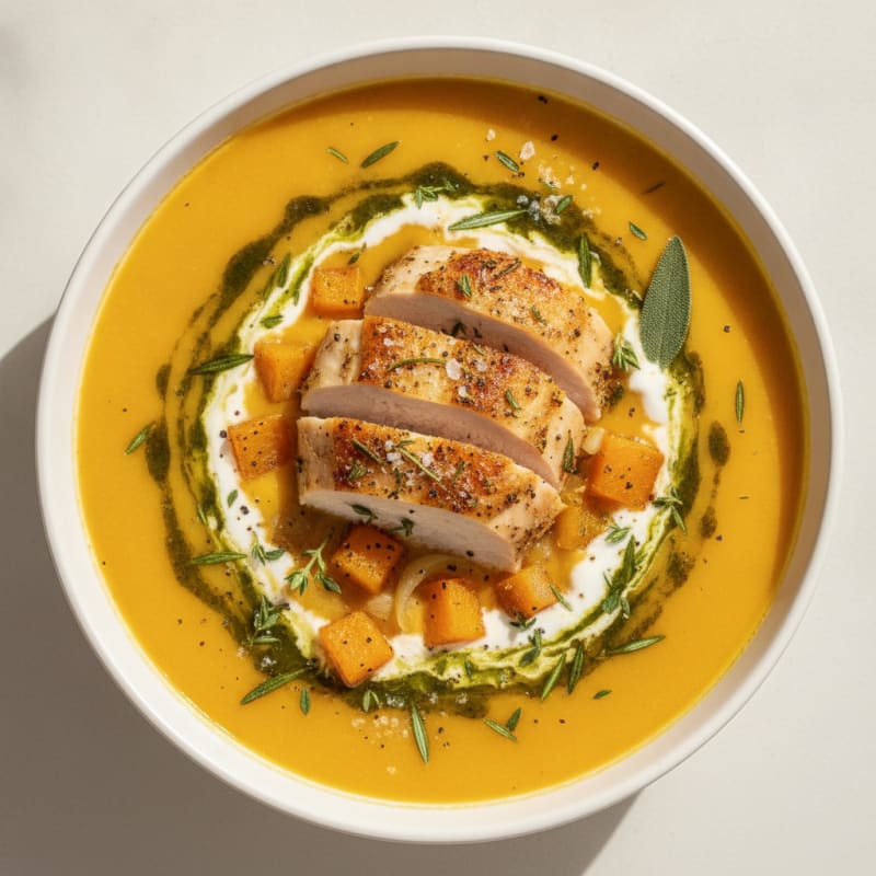Roasted Butternut Squash Soup with Herb-Crusted Chicken