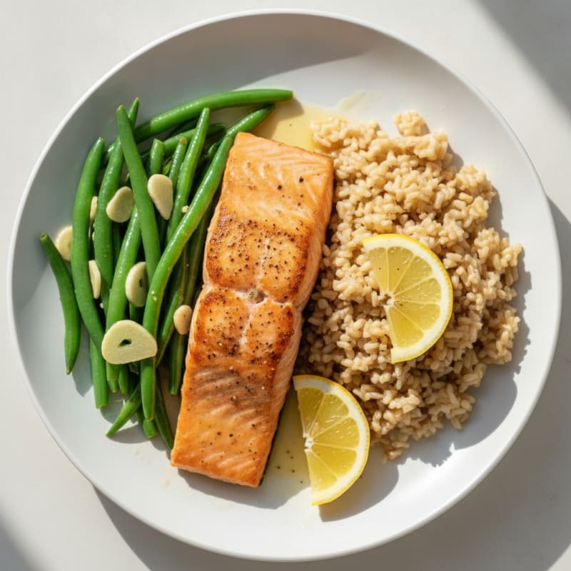 Seared Salmon Fillet with Garlic Green Beans and Brown Rice