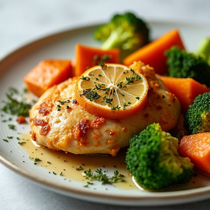 Crispy Lemon Herb Roasted Chicken with Roasted Sweet Potatoes and Broccoli