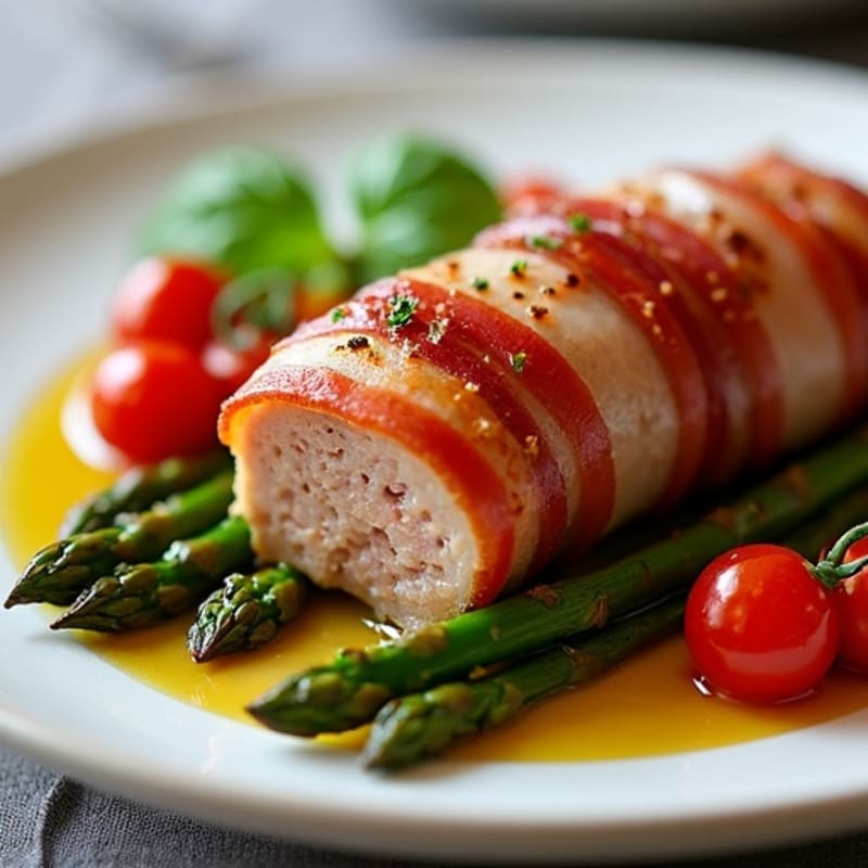Crispy Prosciutto-Wrapped Turkey Sausage with Roasted Asparagus and Cherry Tomatoes