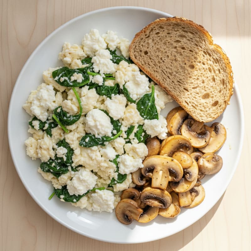 Egg White Spinach Scramble with Cottage Cheese and Sautéed Mushrooms