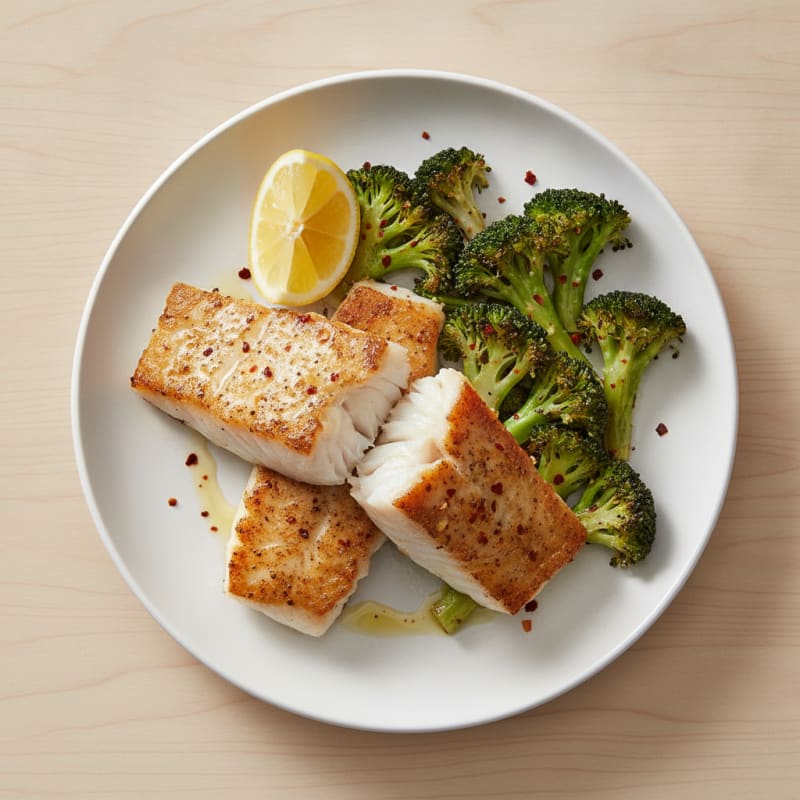 Pan-Seared White Fish with Roasted Broccoli and Lemon