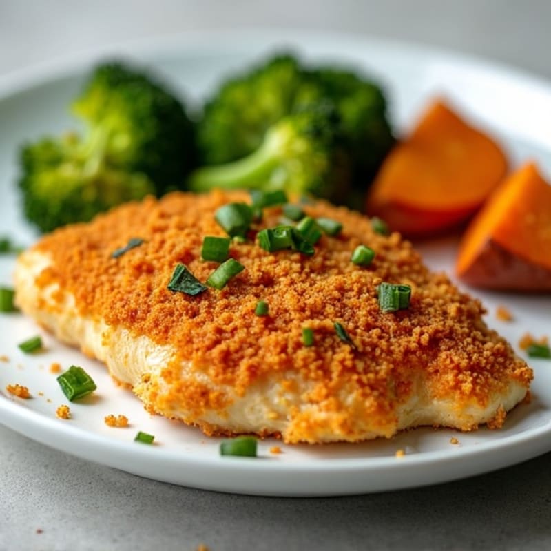 Crunchy Baked Chicken Breast with Roasted Sweet Potato Wedges and Steamed Broccoli