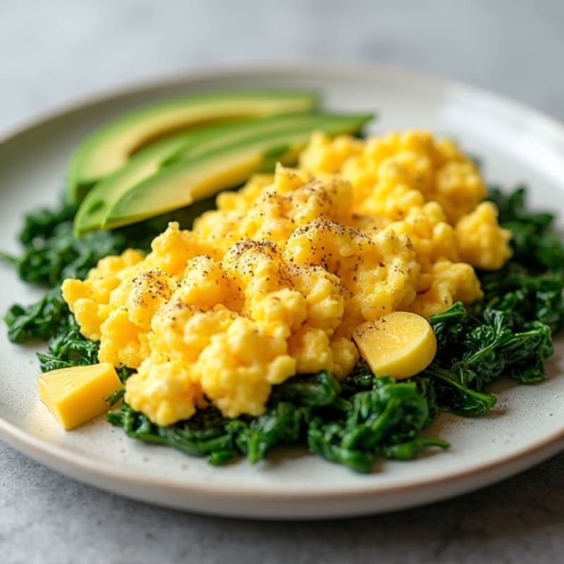 Fluffy Scrambled Eggs with Sautéed Spinach and Creamy Avocado
