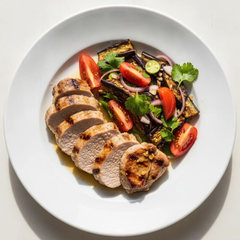 Grilled Pork Tenderloin with Ensaladang Talong and Tomato
