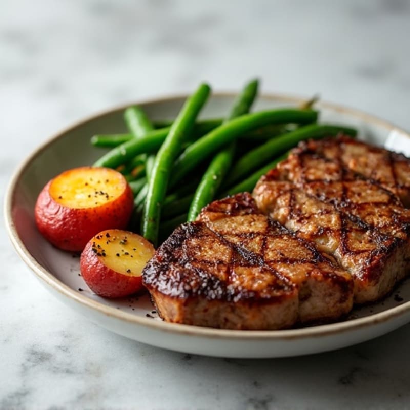 Pan-Seared Steak with Crispy Roasted Potatoes and Garlic Green Beans