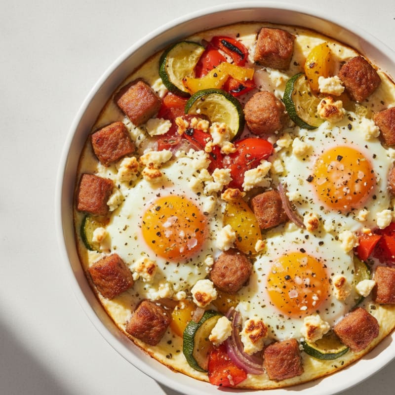 Baked Eggs with Roasted Vegetables and Chicken Sausage