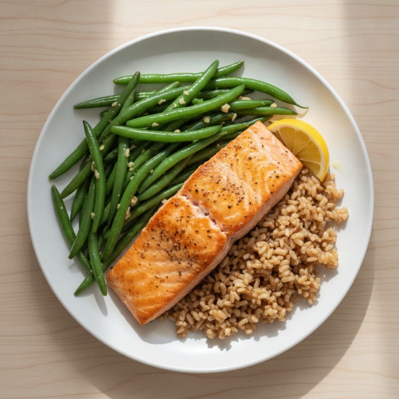 Seared Salmon Fillet with Garlic Green Beans and Brown Rice