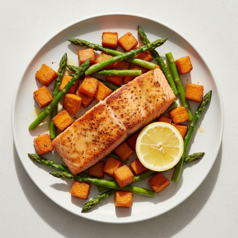 Seared Salmon with Roasted Sweet Potato and Asparagus