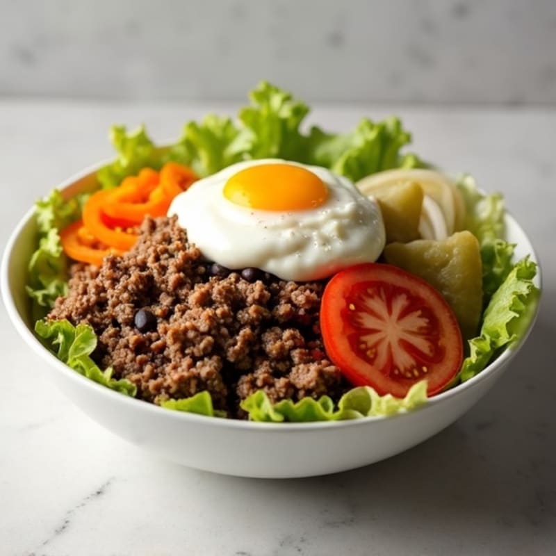 Lean Ground Beef Big Mac Bowl with Fresh Veggies and Tangy Dressing