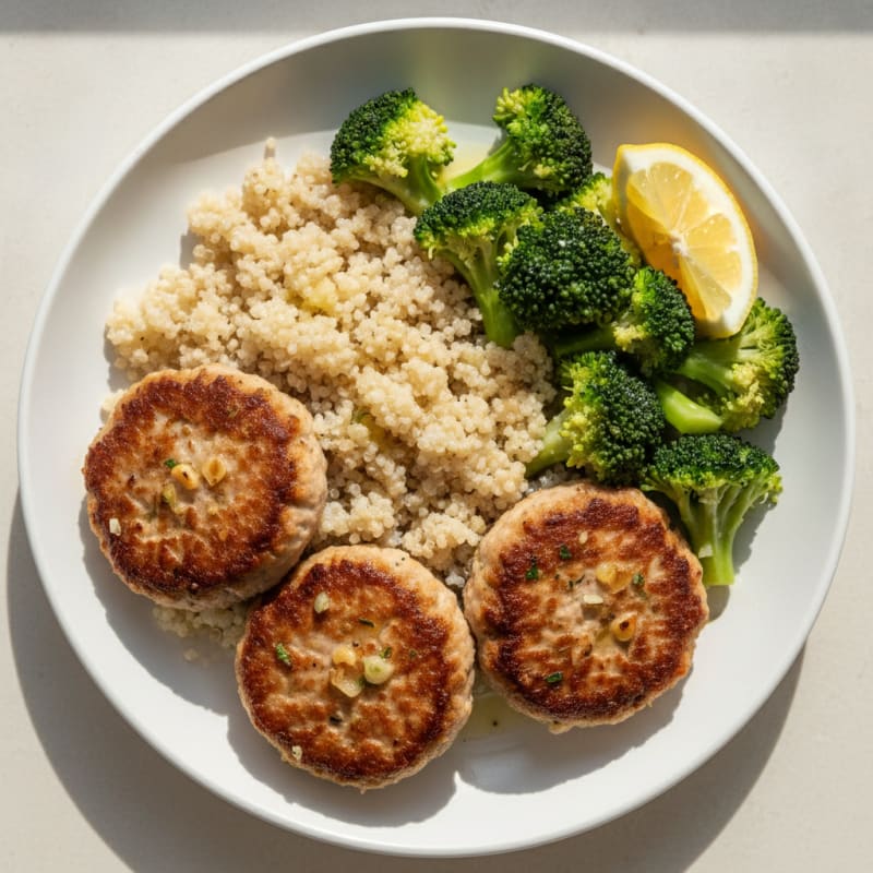 Seared Turkey Patties with Steamed Broccoli and Quinoa