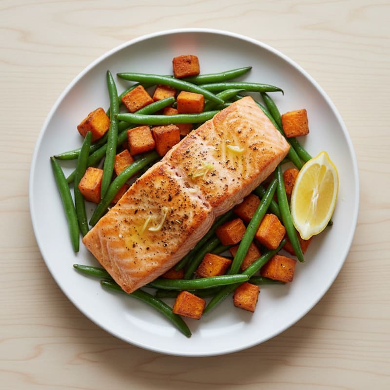 Seared Salmon Fillet with Roasted Sweet Potatoes and Green Beans