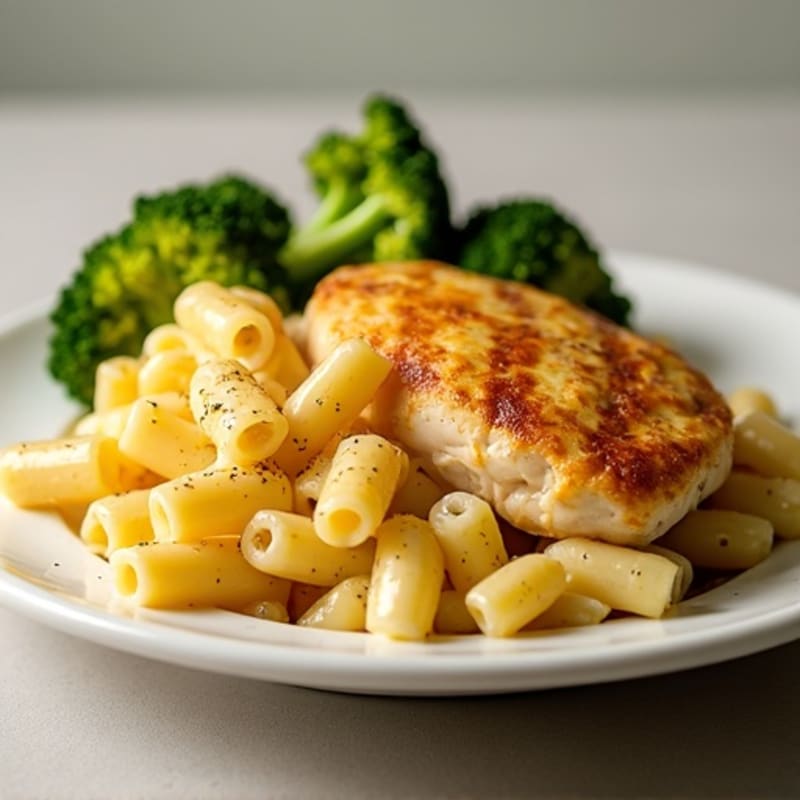 Chicken and Creamy Baked Mac & Cheese with Roasted Broccoli