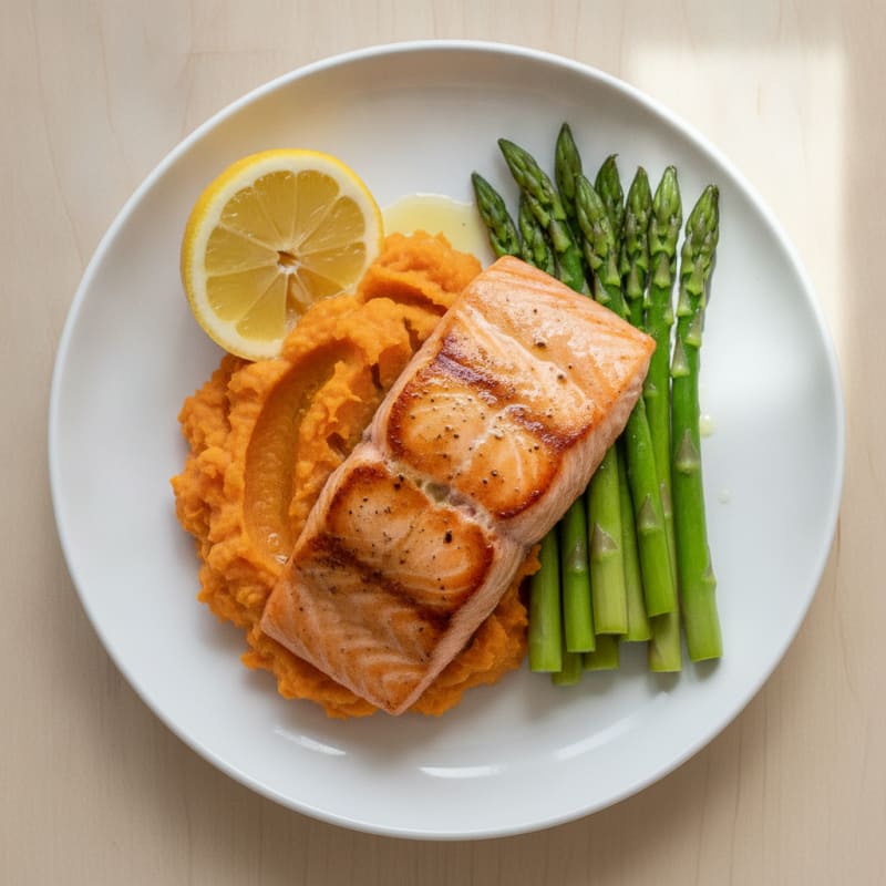 Seared Salmon Fillet with Steamed Asparagus and Sweet Potato Mash