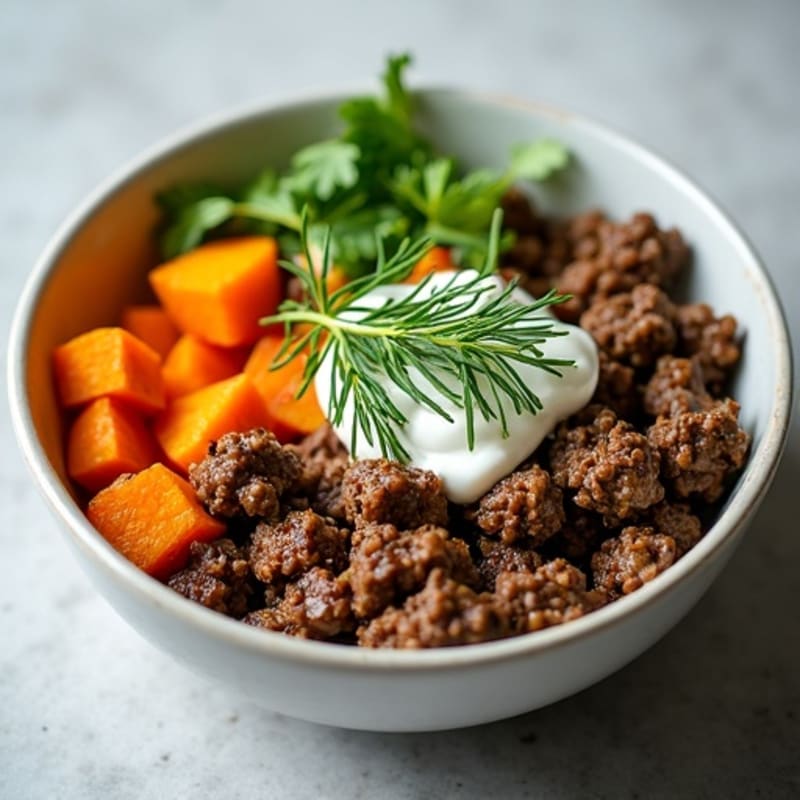 Spiced Beef Bowl with Roasted Sweet Potatoes and Creamy Herb Yogurt Sauce