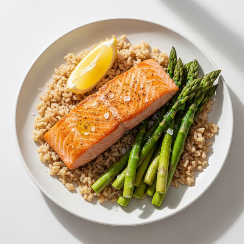 Seared Salmon Fillet with Steamed Asparagus and Brown Rice