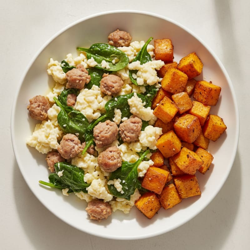 Egg White and Turkey Sausage Scramble with Spinach and Roasted Sweet Potato