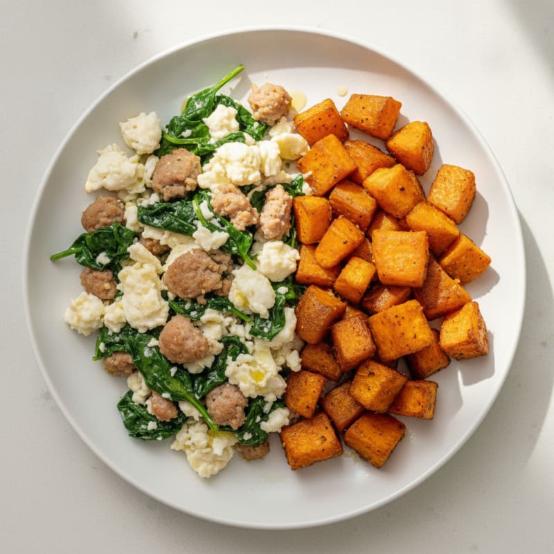 Egg White and Turkey Sausage Scramble with Spinach and Roasted Sweet Potatoes