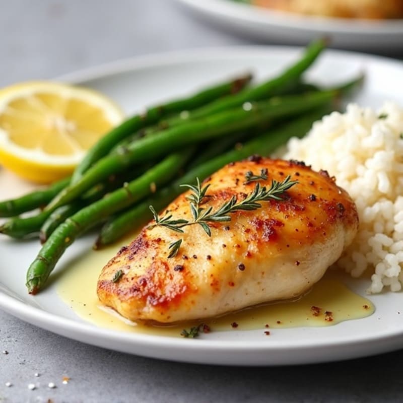 Lemon Herb Roasted Chicken with Fluffy White Rice and Crispy Roasted Green Beans