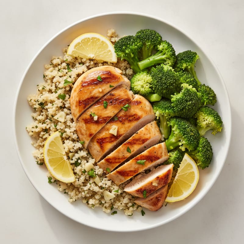 Grilled Lemon Garlic Chicken Breast with Quinoa and Steamed Broccoli