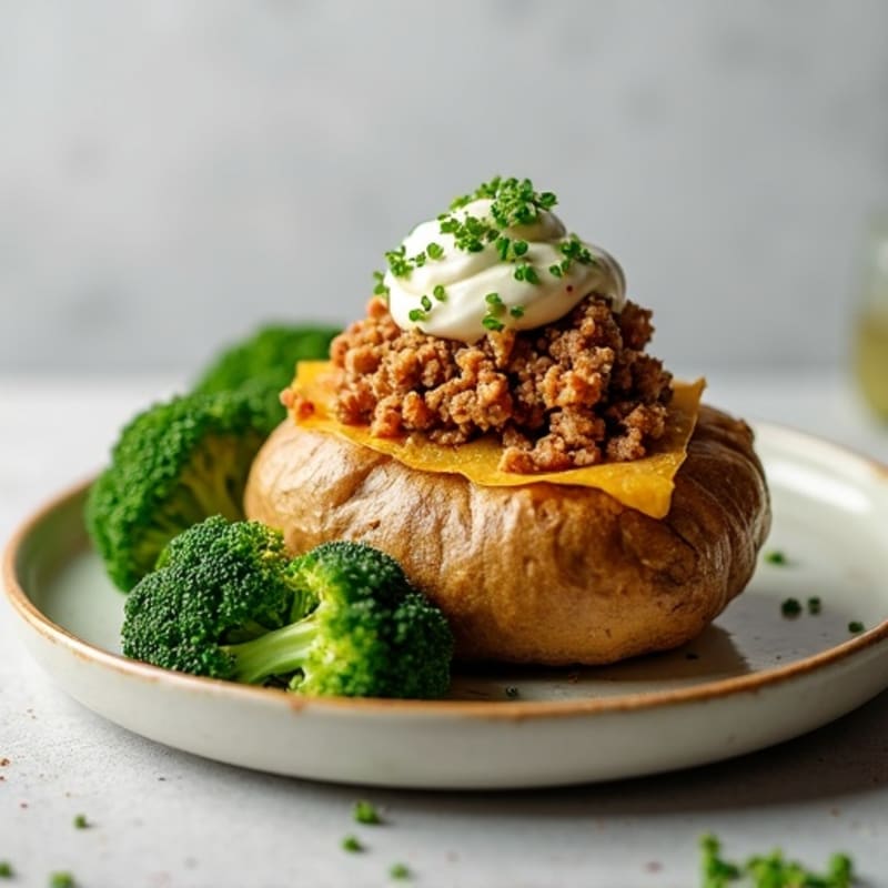 Lean Ground Turkey Loaded Crispy Baked Potato with Steamed Broccoli