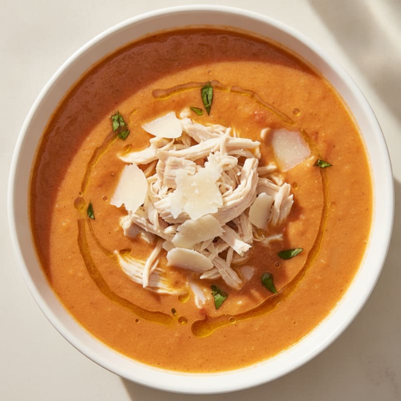Roasted Tomato Basil Soup with Parmesan & Shredded Chicken