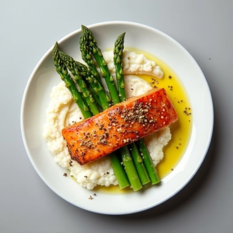 Seared Salmon with Steamed Asparagus and Cauliflower Mash