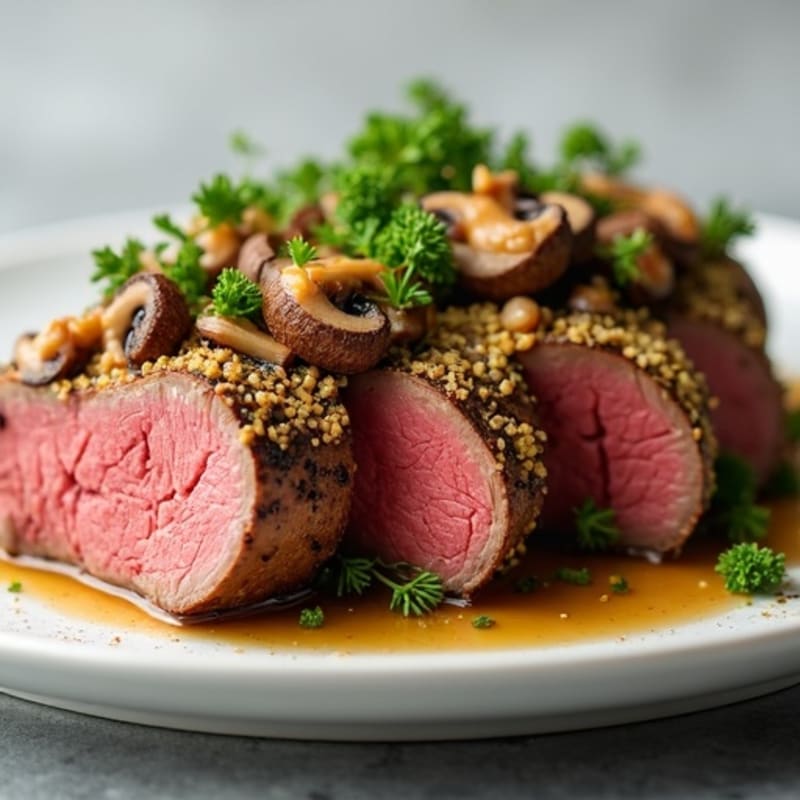 Lean Beef Tenderloin with Crispy Mushroom-Herb Crust