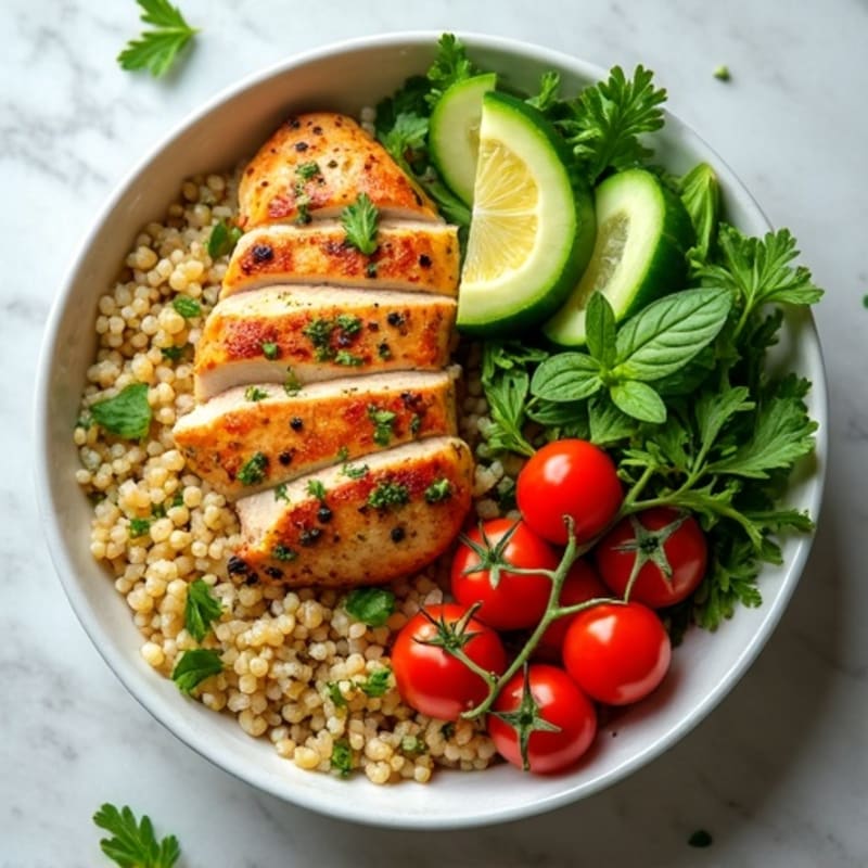 Herb-Marinated Chicken and Quinoa Bowl with Fresh Vegetables