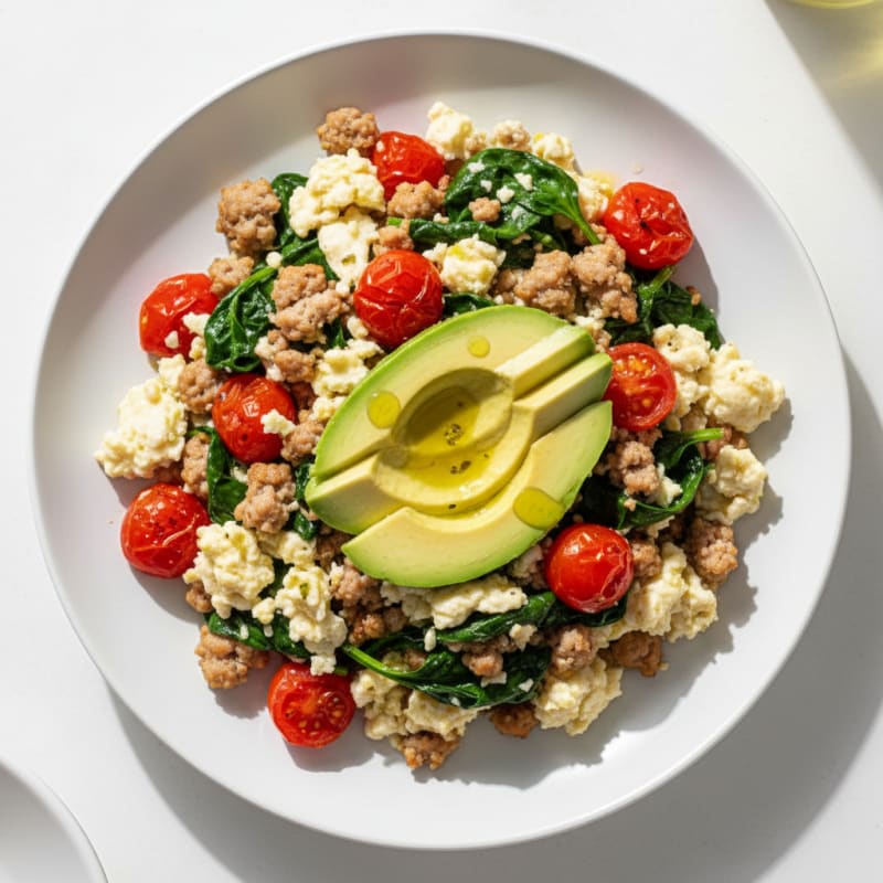 Egg White and Turkey Sausage Scramble with Spinach and Cherry Tomatoes