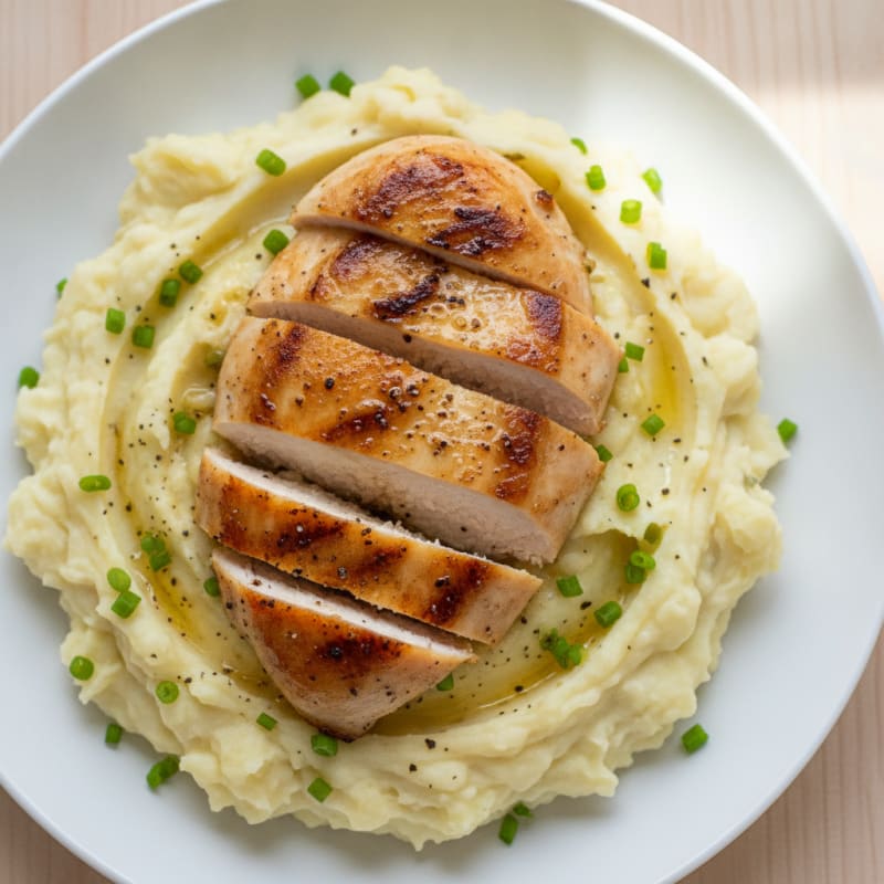 High-Protein Buttery Garlic Mashed Potatoes with Pan-Seared Chicken