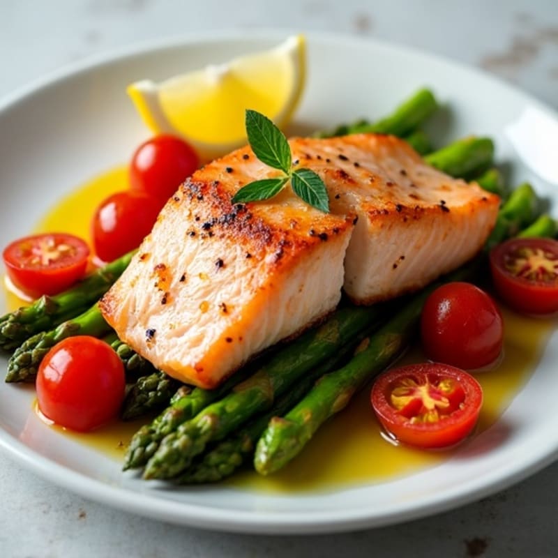 Crispy Pan-Seared Salmon with Roasted Asparagus and Cherry Tomatoes