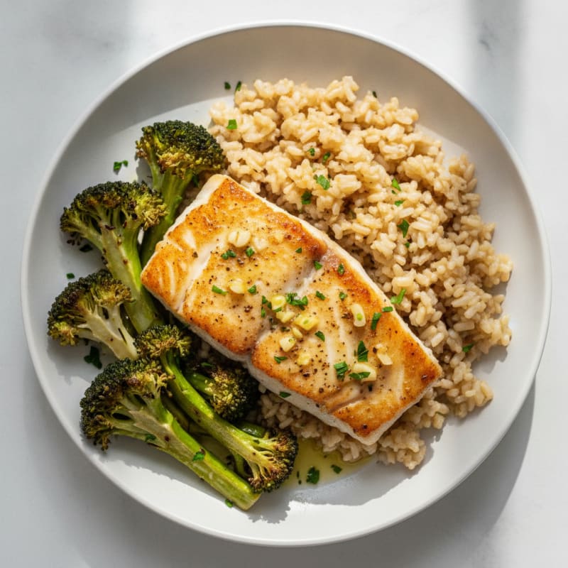 Seared Garlic Herb Cod with Brown Rice and Roasted Broccoli