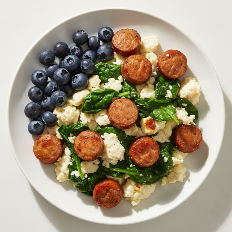 Scrambled Egg Whites with Turkey Sausage and Sautéed Spinach