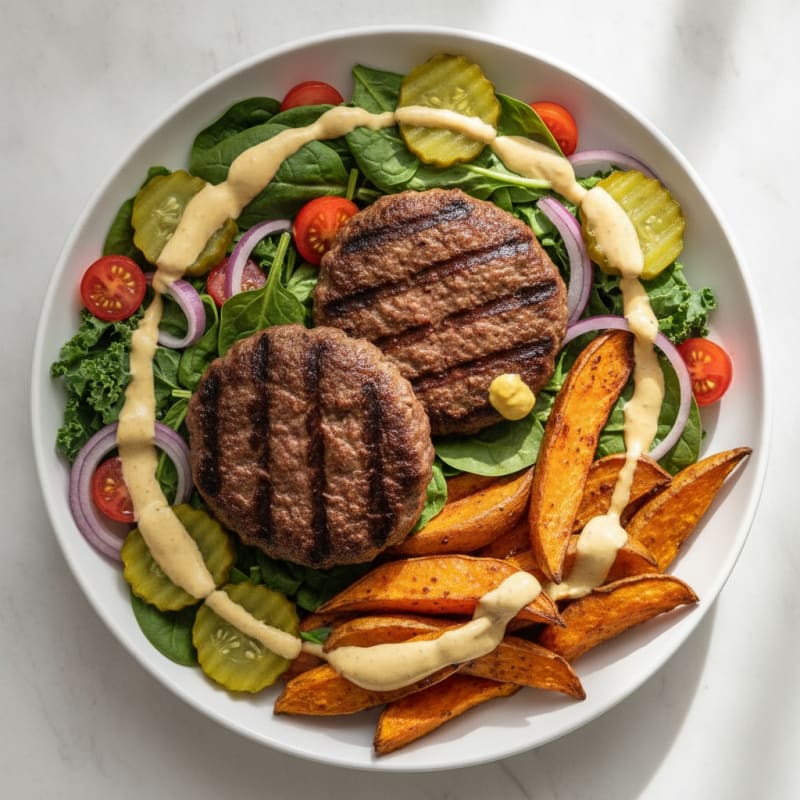Char-Grilled Beef Burger Bowl with Roasted Sweet Potatoes