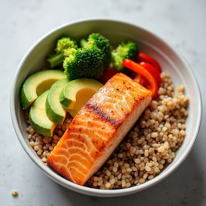 Fresh Salmon and Avocado Brown Rice Bowl with Crisp Vegetables