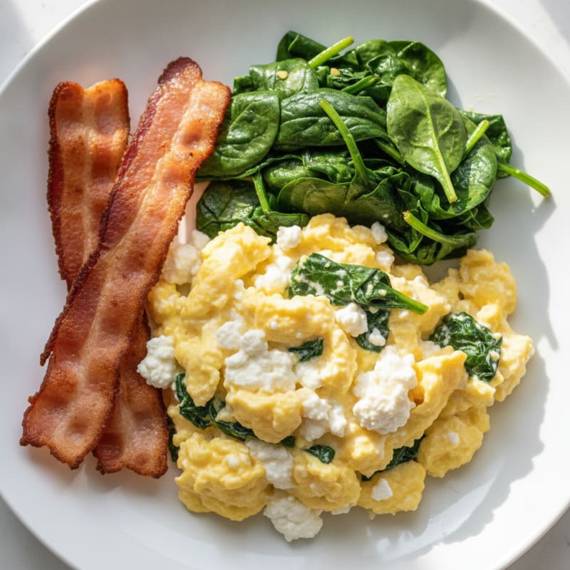 Cottage Cheese Egg Scramble with Sautéed Spinach and Turkey Bacon