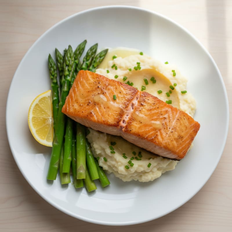 Seared Salmon Fillet with Steamed Asparagus and Garlic Mashed Cauliflower