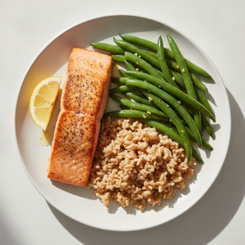 Seared Salmon with Garlic Green Beans and Brown Rice