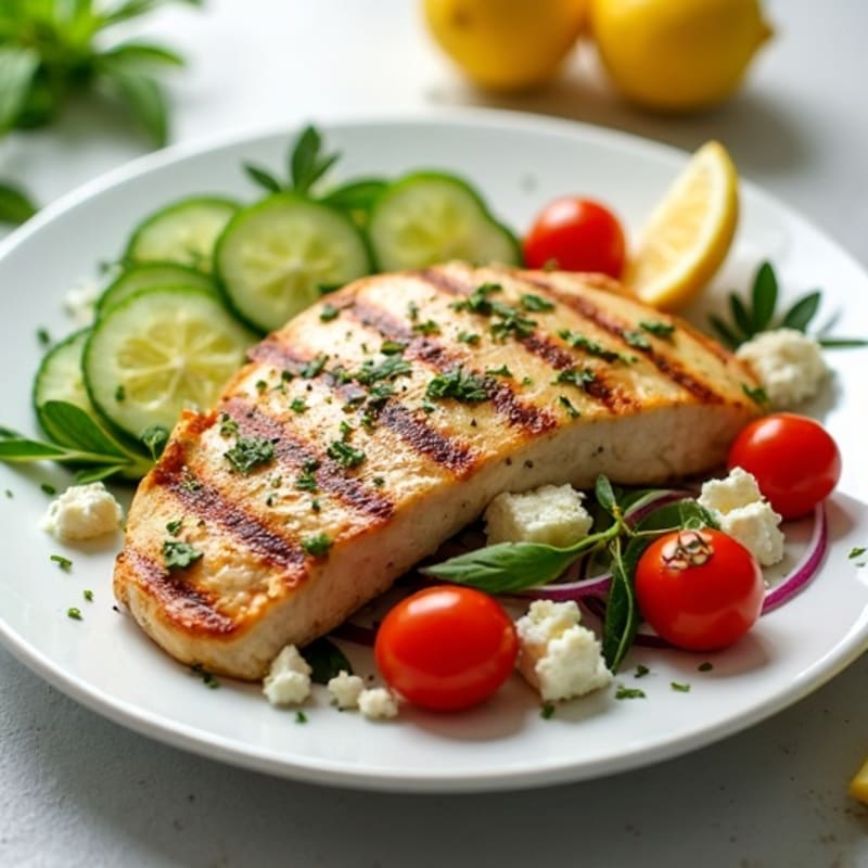 Lemon Herb Grilled Chicken with Fresh Feta and Crisp Vegetable Salad
