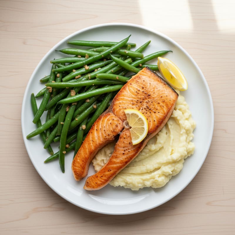 Seared Salmon with Garlic Green Beans and Mashed Cauliflower