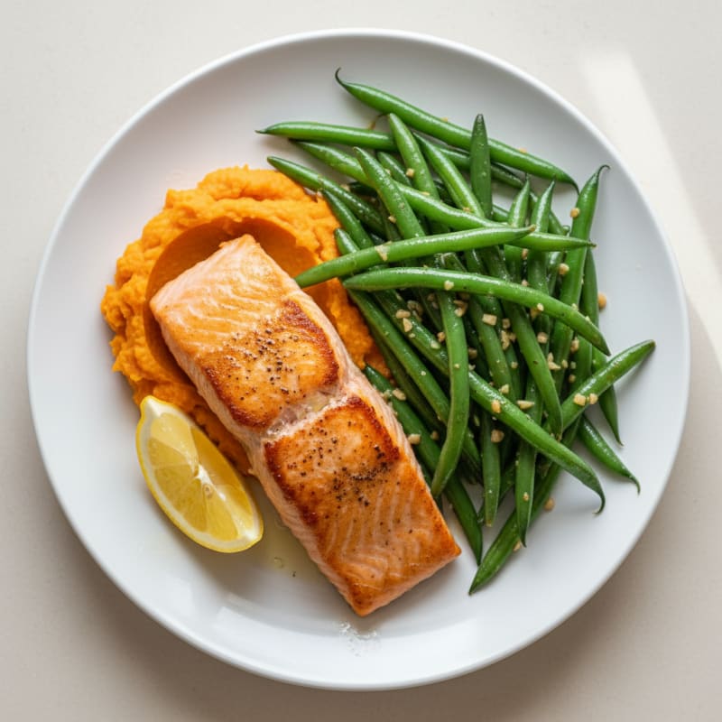 Seared Salmon with Garlic Green Beans and Sweet Potato Mash