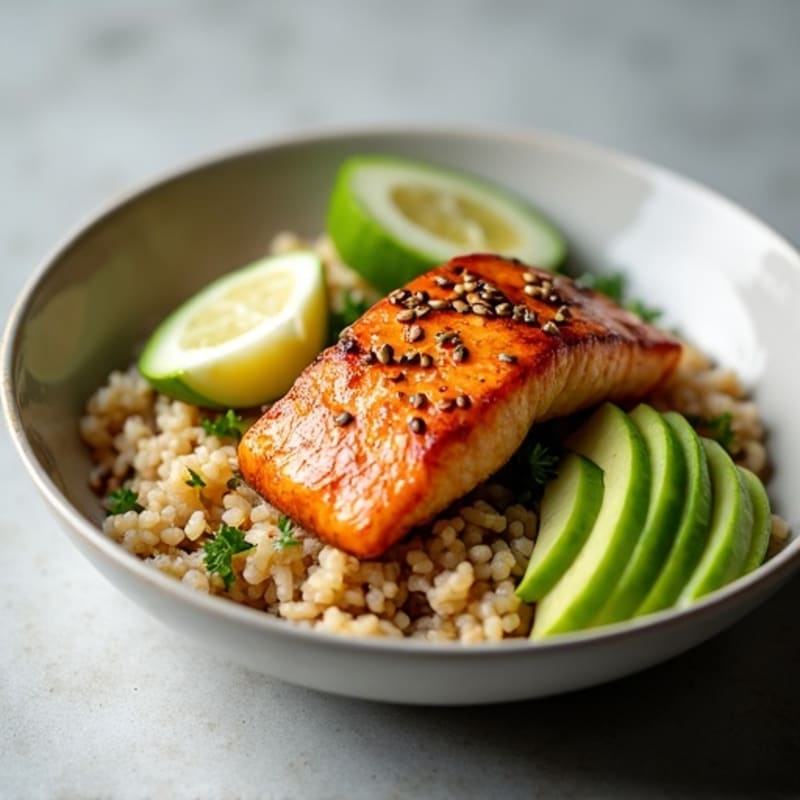 Crispy Sesame-Ginger Salmon with Avocado and Cucumber Rice Bowl
