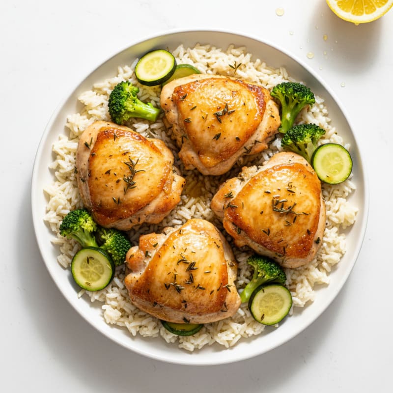 Herb-Roasted Chicken Thighs with Squash and Garlic Rice