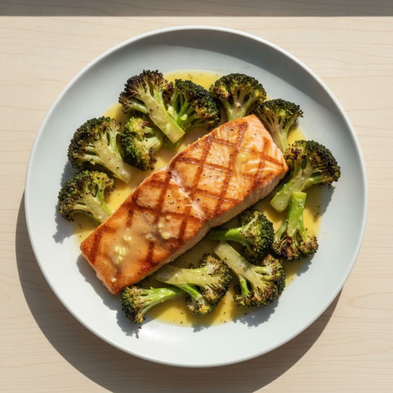 Seared Salmon with Roasted Broccoli and Lemon Butter Sauce