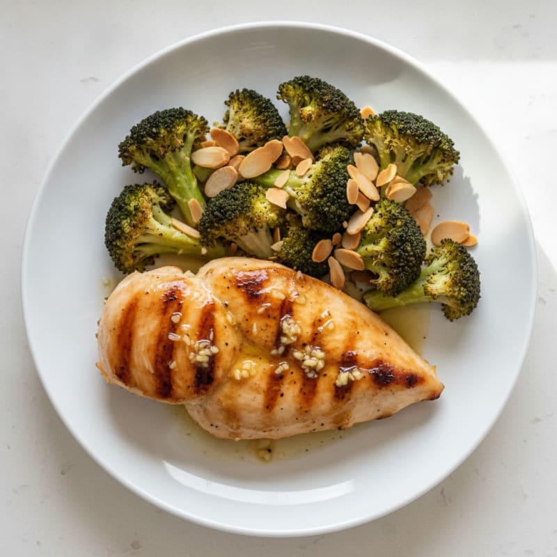 Grilled Lemon-Garlic Chicken Breast with Roasted Broccoli and Almonds