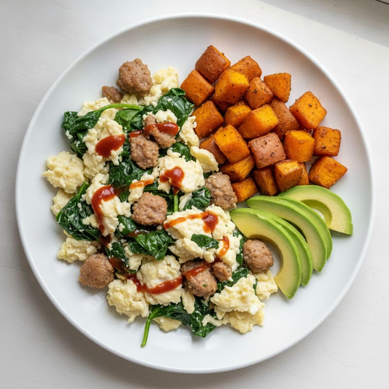 Egg White and Spinach Scramble with Turkey Sausage