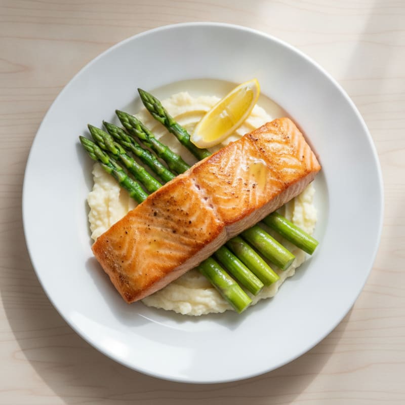 Seared Salmon with Steamed Asparagus and Cauliflower Mash